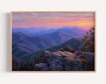 Blue Ridge Mountains Landscape Sunset Oil Painting Print, Appalachian Mountains Poster or Canvas, Appalachia Oil Paint Style Wall Art Gift