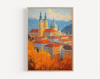 Pintura al óleo de Liubliana, póster de viaje o impresión en lienzo de Liubliana, regalo de arte mural de Liubliana, Eslovenia, impresión eslovena estilo pintura al óleo otoñal