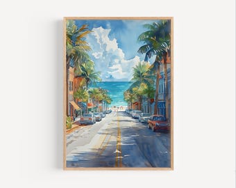 Key West Florida Watercolor Painting, Florida Keys Seaside Travel Poster Print or Canvas, American FL Wall Art Gift, USA Lush Beach Souvenir