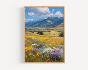 Montana Wildblumenwiese Ölgemälde Druck, Montana Mountain Wildblumen Poster oder Leinwand Druck, Ölfarbe Stil Big Sky Country Art