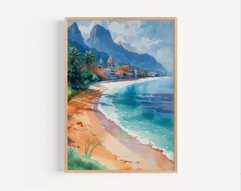 El Salvador Tropical Beach Watercolor Painting, Retro Style Wall Art Poster Print or Canvas, Central America Plantation Travel Decor Gift