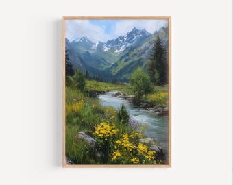 Schweizer Alpen Ölgemälde Druck, Schweizer Alpen Poster oder Leinwanddruck, Alpine Schweiz Berge Ölfarbe Stil Kunst, Schweiz Reisedruck