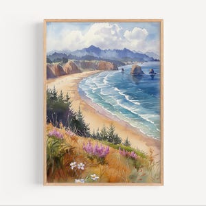 May include: Watercolour painting of a coastal scene with a sandy beach, blue ocean, and rocky cliffs. The painting features a bright blue sky with fluffy white clouds and a lush green hillside with purple wildflowers.