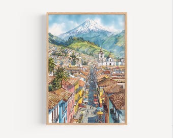 Quito Ecuador Watercolor Painting Print, Quito Poster or Canvas Print, Quito Ecuador Cityscape Painting, UNESCO World Heritage City