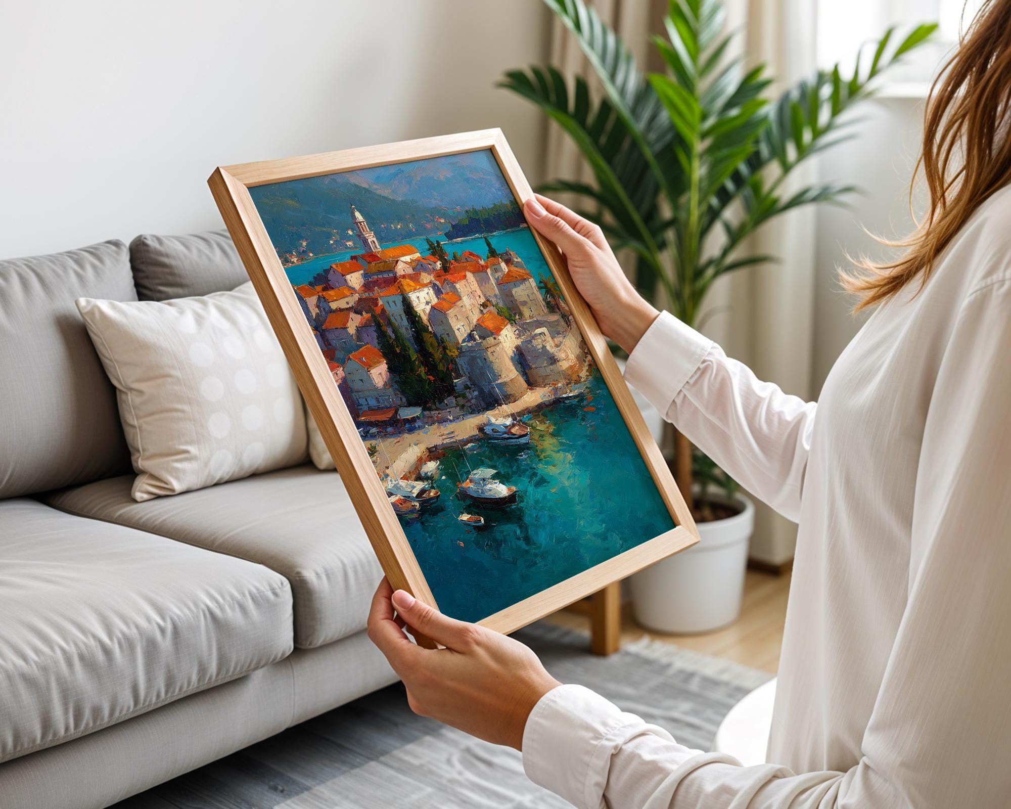 Korcula Croatia Oil Painting Print, Adriatic Coastal Town Poster