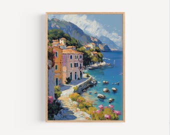 May include: A painting of a colorful Italian village nestled on a hillside overlooking a blue sea. The buildings are painted in shades of yellow, orange, and pink, with white trim. The sea is a vibrant blue, and there are a few small boats in the distance.