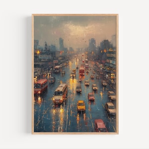 May include: A painting of a city street scene with cars and buses driving through a rainy evening. The buildings in the background are lit up with warm yellow lights. The street is wet and reflective, and the sky is a soft blue with a few clouds.