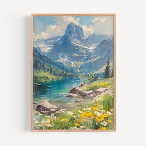 Glacier National Park Montana Watercolor Painting, Montana Mountains Poster Print or Canvas Travel Artwork, Snowy Mountains Wall Art Gift,