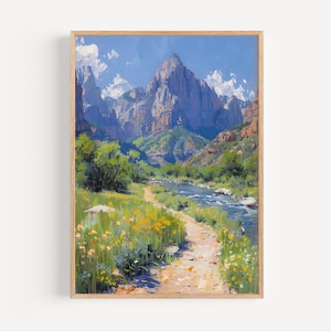 May include: A painting of a mountain landscape with a winding path leading through a field of wildflowers towards a river. The mountains are a light blue and gray color, and the sky is a bright blue with white clouds. The river is a light blue color and flows through a green valley.