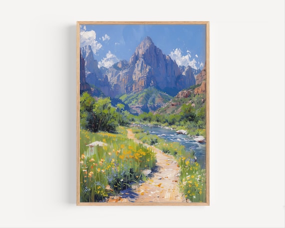 Zion National Park Oil Painting, Utah Poster Print or Canvas American Travel Artwork, Wall Art Gift Oil Paint Style Natural Wonder, USA Park
