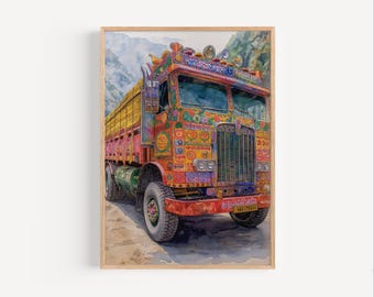 Pakistan vrachtwagen kunst aquarel schilderij, Pakistan geschilderd vrachtwagen poster print of canvas reizen muur kunst cadeau, Pakistaanse reis vrachtwagen kunstwerk