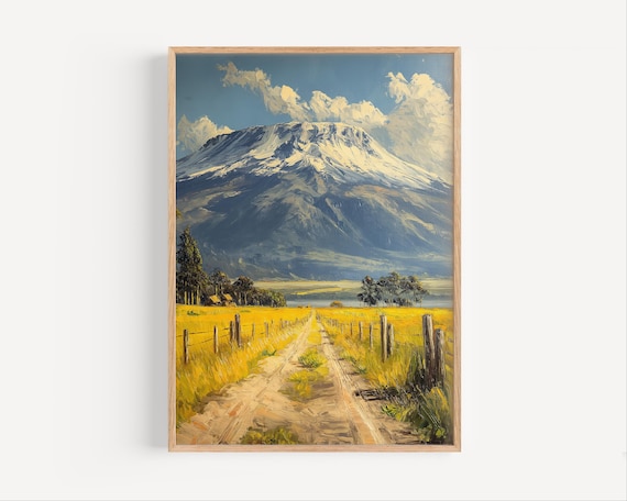 Mount Kilimanjaro Oil Painting, Tanzania Volcano Wall Art Poster