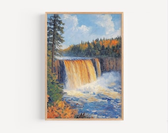 May include: A framed landscape painting of a waterfall. The artwork features a waterfall cascading over a cliff, with vibrant colors of orange, yellow, and blue. The sky is a light blue with fluffy white clouds, and the frame is a light brown.