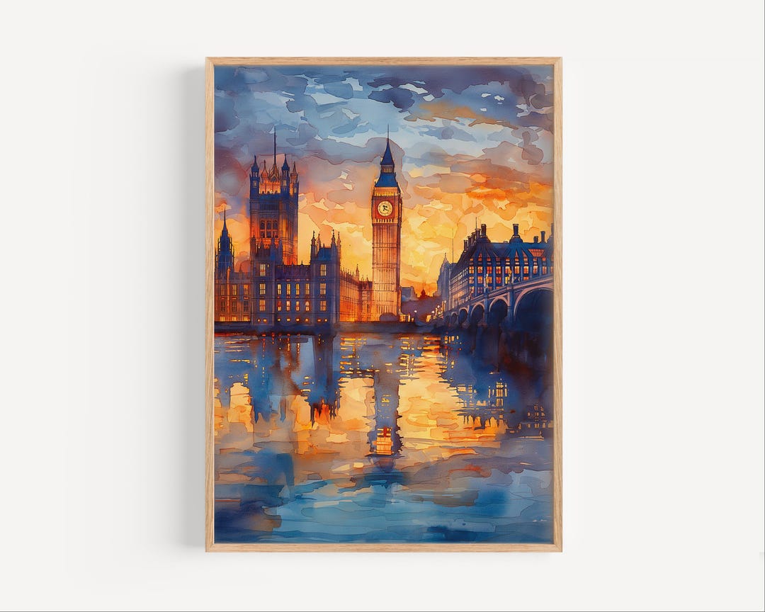 London Big Ben Sunset Watercolor Painting, London Travel Poster or