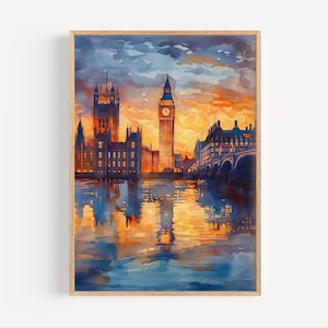 London Big Ben Sunset Watercolor Painting, London Travel Poster or Canvas Print, London England Wall Art Gift, United Kingdom Big Ben Print