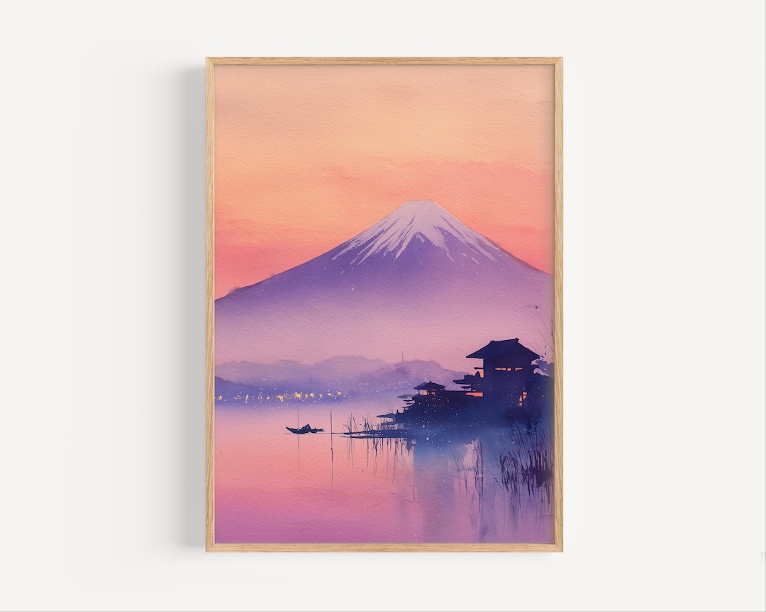 Mount Fuji at Sunset Watercolor Painting Print, Japan Mountain ...
