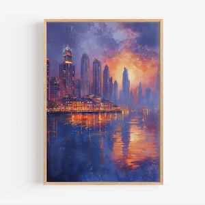 Dubai Waterfront Sunset Watercolor Painting, United Arab Emirates Middle East Poster Print or Canvas, Travel Wall Art Arab Architecture Gift