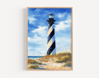 Akvarellmålning av Cape Hatteras fyr, North Carolina affisch eller canvas, fyrväggkonst gåva, Carolina Outer Banks-tryck