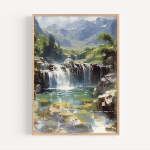 May include: A painting depicting a waterfall cascading down a rocky cliff in a lush green mountain valley. The water is clear and blue, and the mountains in the background are a hazy blue.