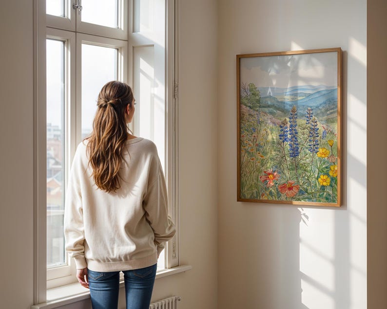 Puede incluir: Una pintura de acuarela enmarcada de un prado de flores silvestres con monta&ntilde;as azules en el fondo cuelga de una pared blanca. La pintura presenta flores coloridas en tonos de rojo, amarillo y azul. Una persona con una sudadera crema y vaqueros azules est&aacute; cerca de una ventana.