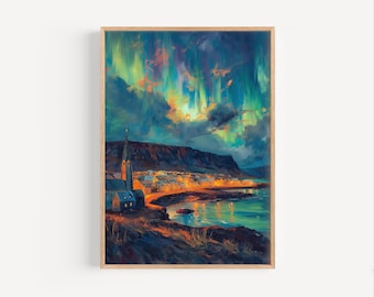May include: A painting of a small town with a church steeple, nestled on a rocky coastline under a vibrant aurora borealis display. The sky is a mix of deep blue, purple, and green, with streaks of yellow and orange light.