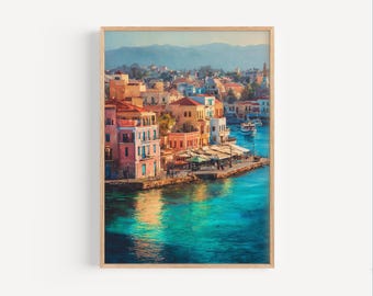 May include: A framed art print of a coastal town with colorful buildings and turquoise water. The buildings have red, orange, and white walls. The water reflects the buildings and sky. A few boats are in the water.