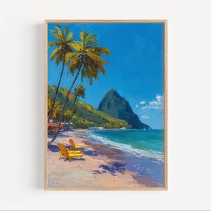 Saint Lucia impressionistisch olieverfschilderij, Caribische reisposterafdruk of canvas muurkunst, souvenir Saint Lucia Pitons, olieverfstijlafdruk