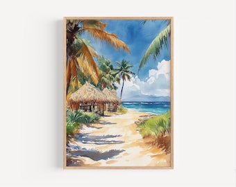 Aquarelle de la République dominicaine, affiche de voyage sur les îles des Caraïbes ou impression sur toile DOMR cadeau souvenir tropical plage tropicale art de voyage