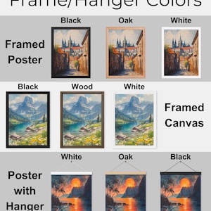 May include: A visual guide to frame and hanger colors for framed posters, framed canvases, and posters with hangers. The options include black, oak, and white frames and hangers.