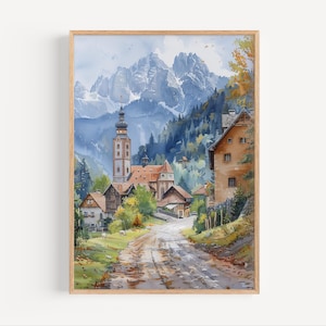 Bavaria Germany Watercolor Painting, Southern Germany Alpine Europe Mountain Town Travel Poster Print or Canvas Artwork Wall Art Gift