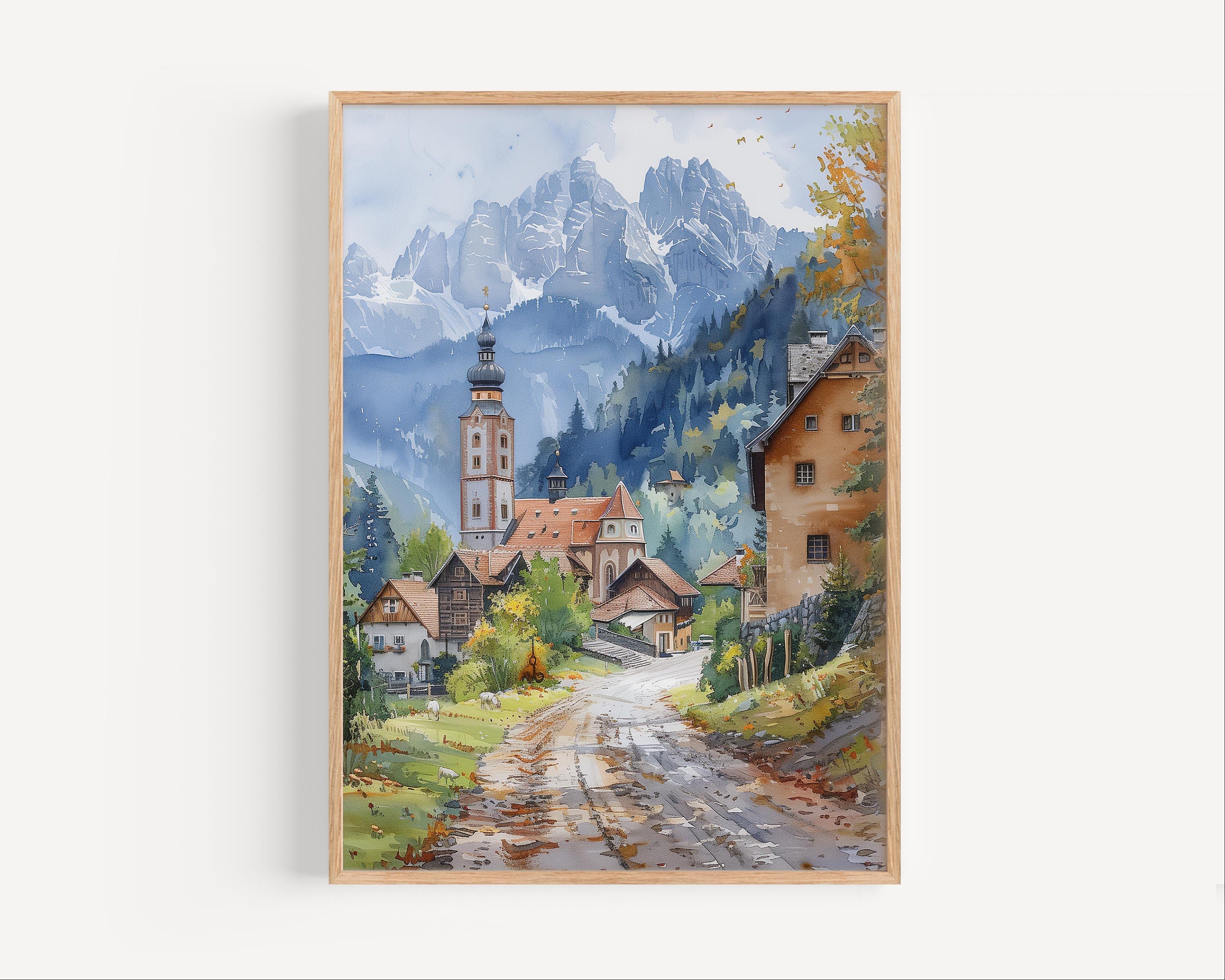 バイエルン ドイツ 水彩画、南ドイツ アルプス ヨーロッパ 山岳都市