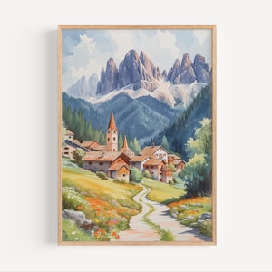 Dolomites Watercolor Painting, Dolomites Mountain Village Italy Wall Art Poster or Canvas Print, Italian Corvara Comune Alpine Travel Gift