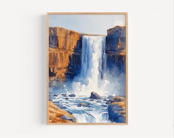 Iceland Waterfall Watercolor Painting Icelandic Nature Natural Beauty Wall Art Poster Print or Canvas Artwork Scandinavian Travel Decor Gift