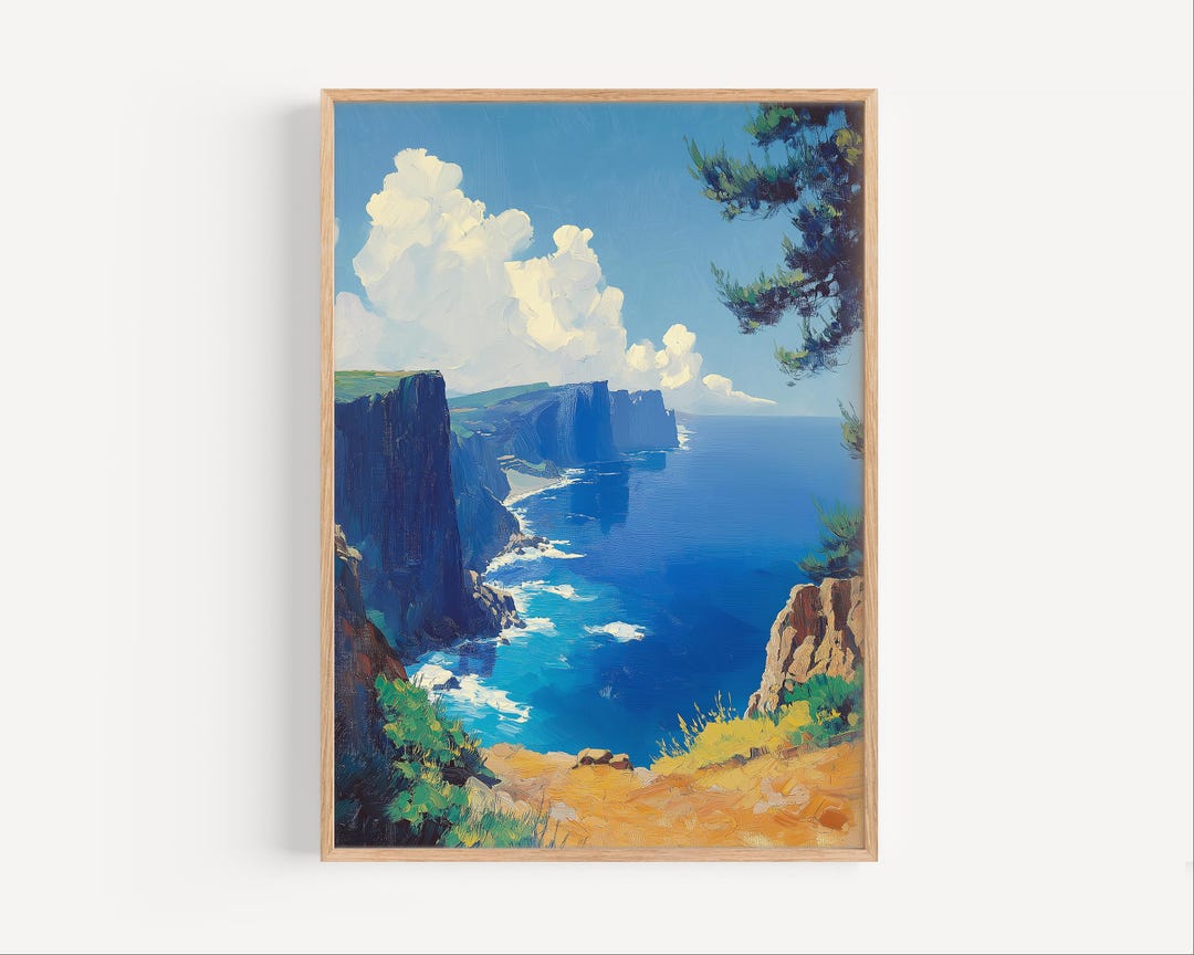 テルセイラ島の海辺の崖の油絵、テルセイラ島の旅行ポスターまたは
