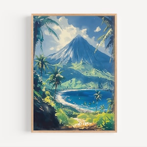 May include: A painting of a tropical island with a lush green mountain in the background. The mountain is a dark blue color and has a white peak. The island is covered in green trees and has a blue lagoon in the foreground. The painting is framed in a light wood frame.