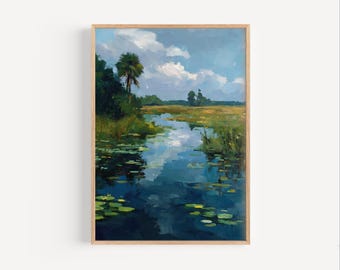 Pintura al óleo impresionista de pantanos de Florida, póster o lienzo de arte mural de los Everglades de Florida, regalo de viaje a los pantanos de Florida, pintura de pantanos de EE. UU.