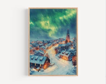 May include: A snowy town with a church steeple and a green aurora borealis in the sky. The town is lit up with warm yellow lights.