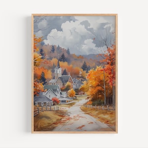 Connecticut Autumn Watercolor Painting, Fall Rural Town Northeastern USA Poster Print or Canvas, Connecticut Town New England Wall Art Gift