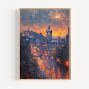 Edinburgh Scotland Cityscape Sunset Oil Painting Balmoral Clock Scottish Travel Poster Print or Canvas Wall Art Gift Architecture Souvenir