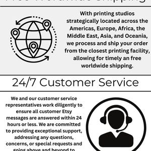 May include: Black and white illustration of a globe with arrows pointing to different locations. Text reads "Free Worldwide Shipping".  Black and white illustration of a person wearing a headset. Text reads "24/7 Customer Service".
