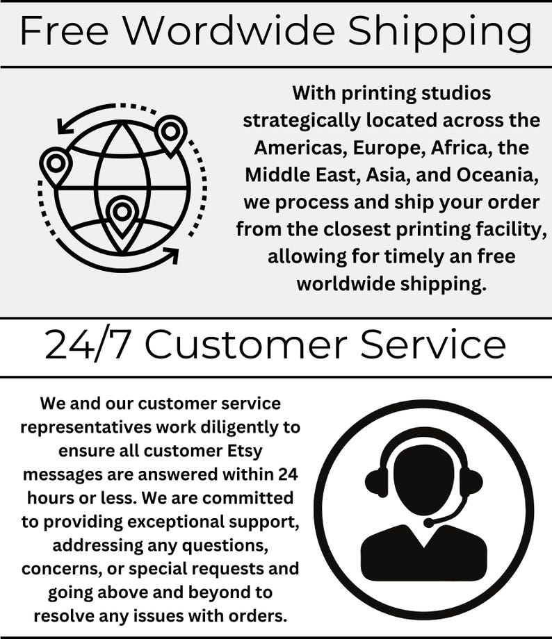 May include: Black and white illustration of a globe with arrows pointing to different locations. Text reads "Free Worldwide Shipping".  Black and white illustration of a person wearing a headset. Text reads "24/7 Customer Service".