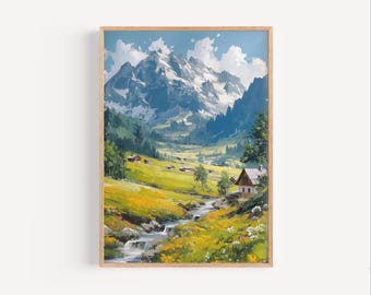 Puede incluir: Pintura de paisaje enmarcada que representa una cordillera con picos nevados bajo un cielo azul con nubes. Un valle con un río, flores amarillas y pequeñas casas está en primer plano. La obra de arte está en un marco de madera.