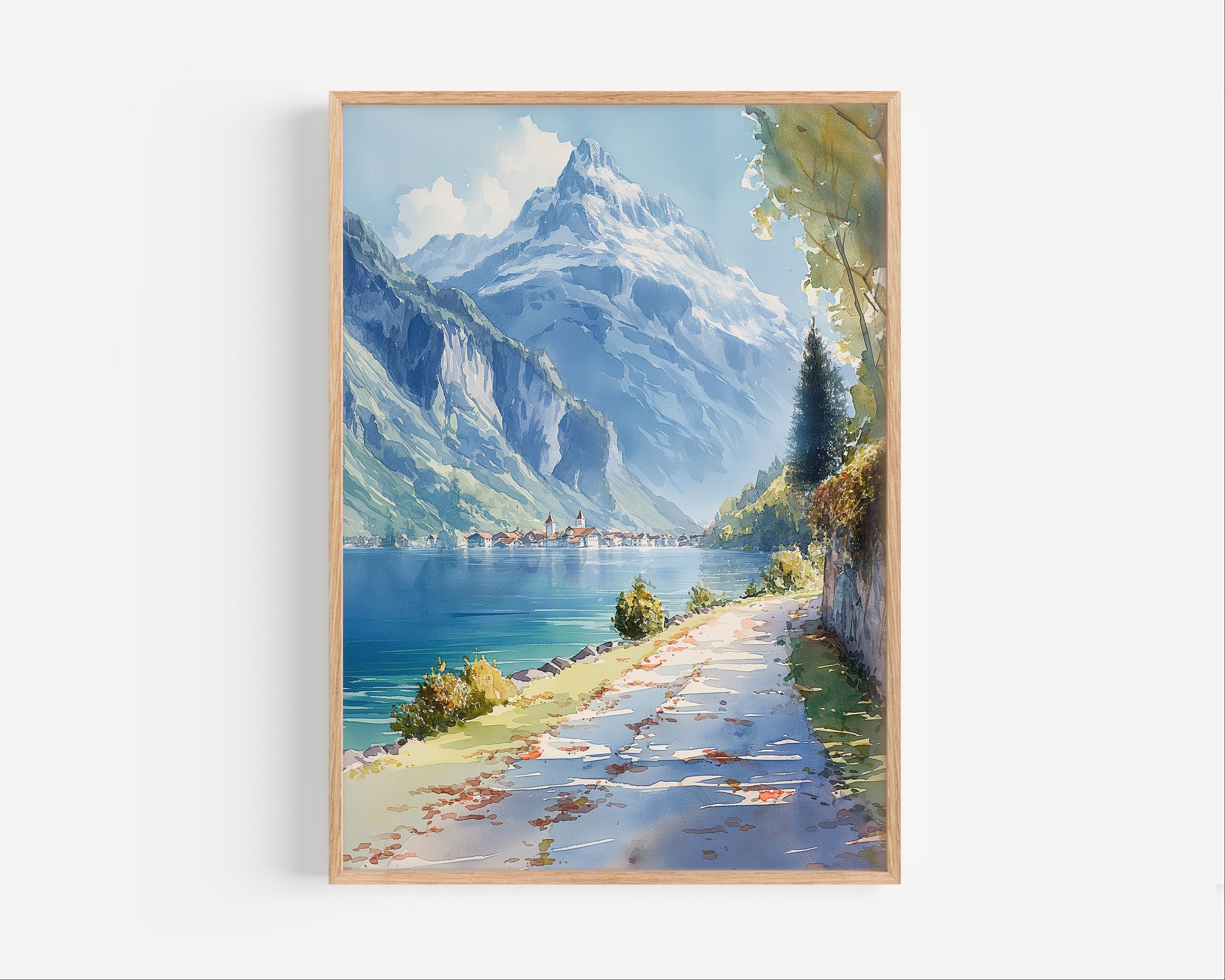 Interlaken Switzerland Watercolor Painting, Swiss Mountains Canvas