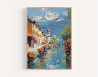 Annecy Oil Painting, Annecy Wall Art Poster or Canvas Print, Oil Paint Style France France Travel Gift, French Travel Poster, French Alps
