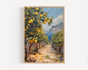 Lemon Trees on Italian Coastline Abstract Oil Painting, Amalfi Coast Tree Painting Travel Poster or Canvas Print Giclée Gift Oil Paint Style