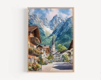May include: Watercolor painting of a European village nestled in a valley, framed in a wooden border. The artwork depicts buildings with balconies, a church steeple, and a mountain range in the background. The color palette includes blues, greens, and browns.