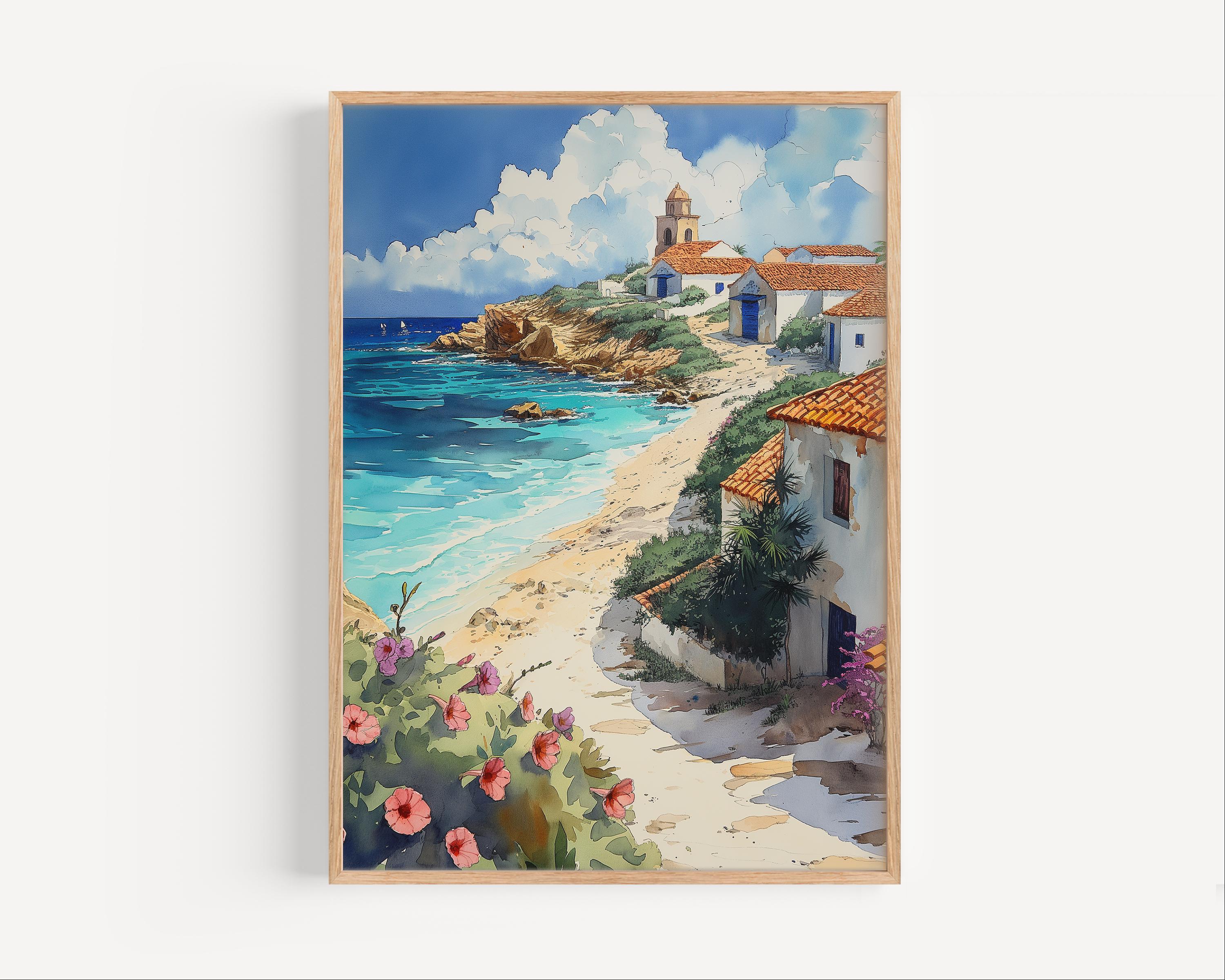 アルバの水彩画、カリブ海の島国旅行ポスタープリントまたはキャンバス