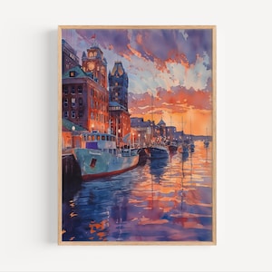 Halifax Watercolor Painting, Halifax Nova Scotia Harbour Poster or Canvas Print, Canadian City Sunset Wall Art Gift Halifax Waterfront Print