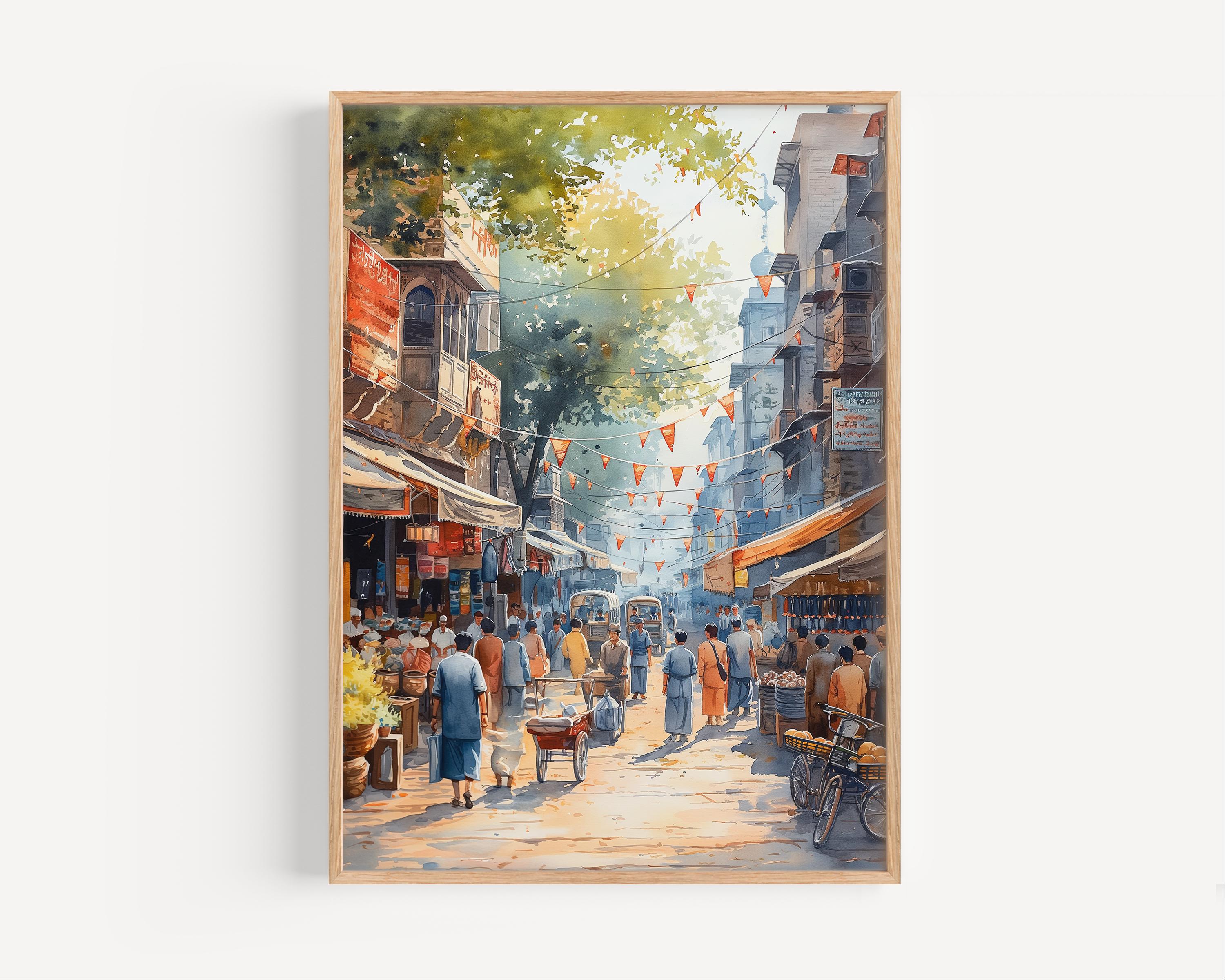 Karachi Pakistan Watercolor Painting Pakistan Bustling Busy City Street Vendors Shops Poster Print or Canvas Travel Wall Art Gift South Asia