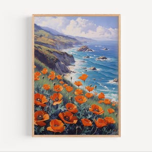 Orange Poppies on Big Sur Coast California Oil Painting, California Wall Art Poster or Canvas Print Cali Coast Wildflowers Oil Paint Style